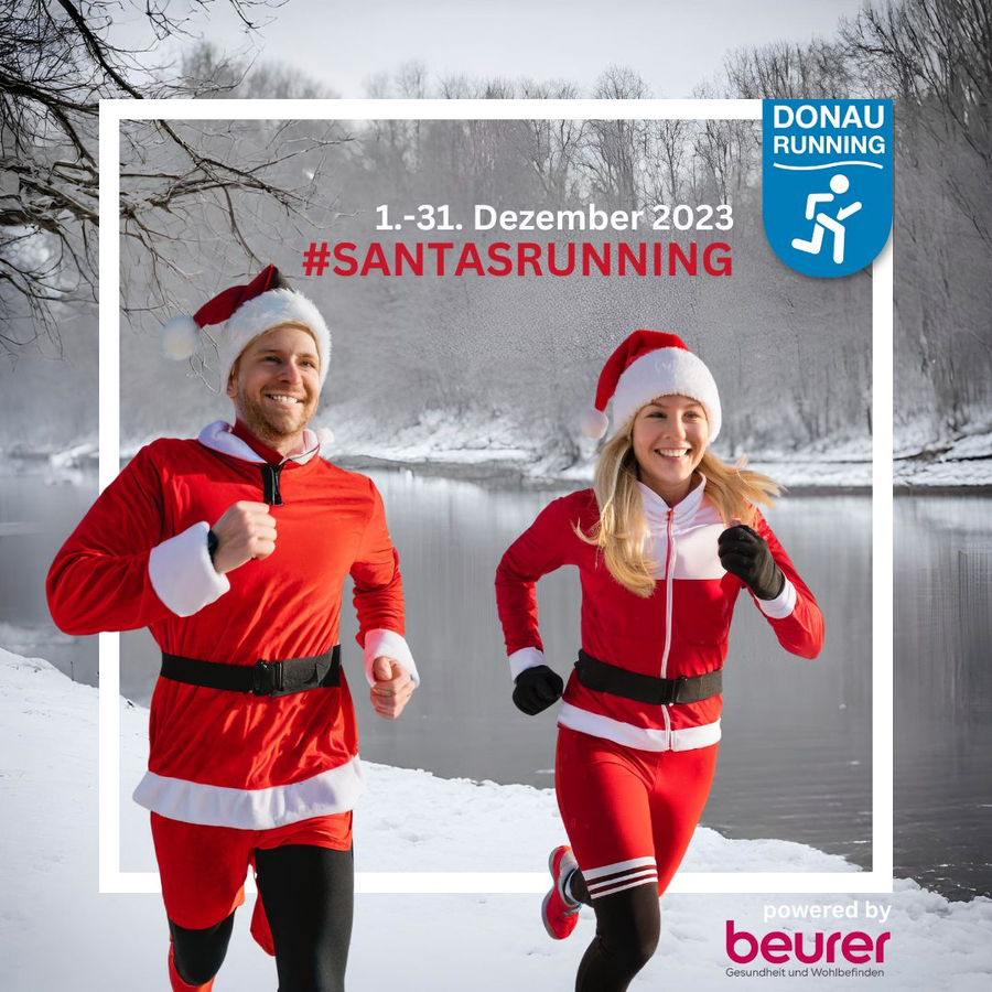 Zwei Läufer in Santa-Kostümen am verschneiten See 1.-31. Dezember 2023 #SANTASRUNNING