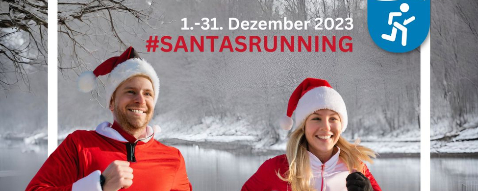 Zwei Läufer in Santa-Kostümen am verschneiten See 1.-31. Dezember 2023 #SANTASRUNNING