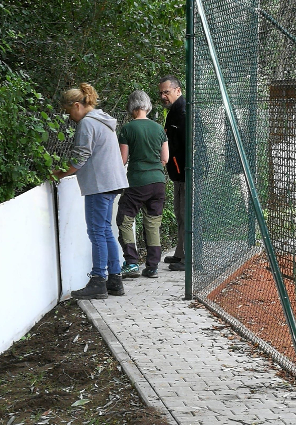 Drei Personen am Gehweg neben Hecke und Maschendrahtzaun