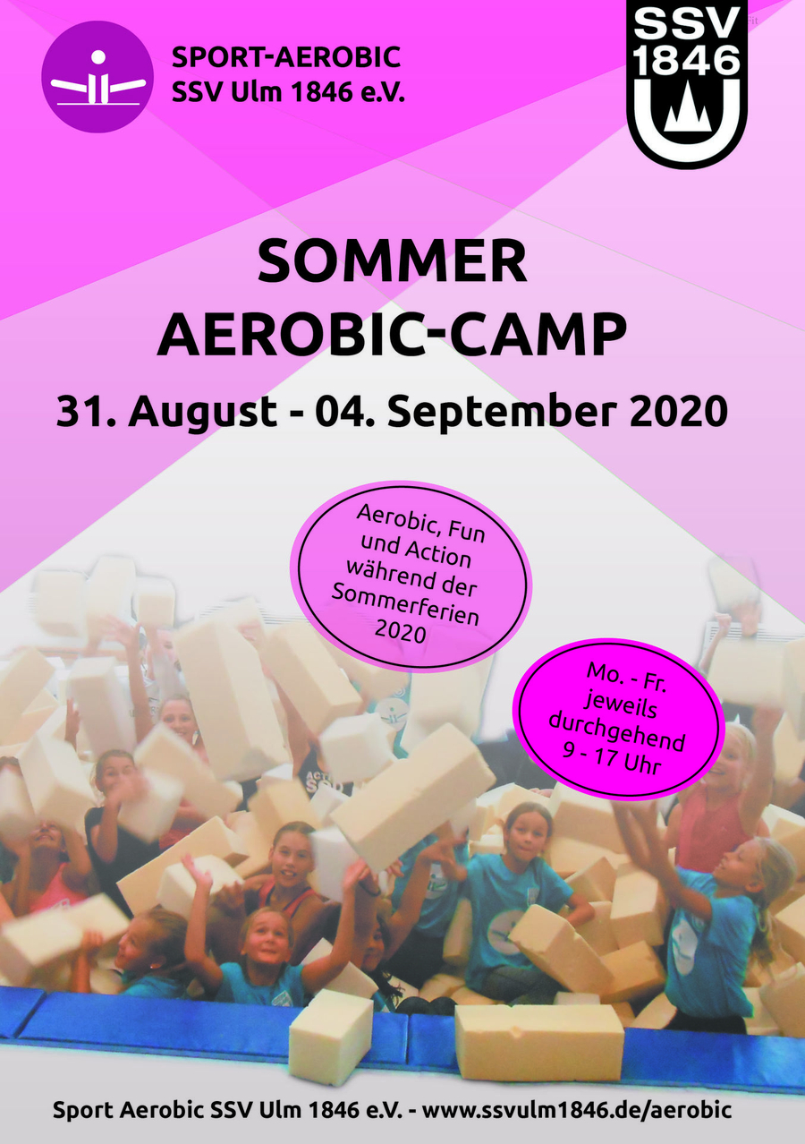 Kinder in Schaumstoffgrube, Schriftzug Sommer Aerobic-Camp 31. August - 04. September 2020