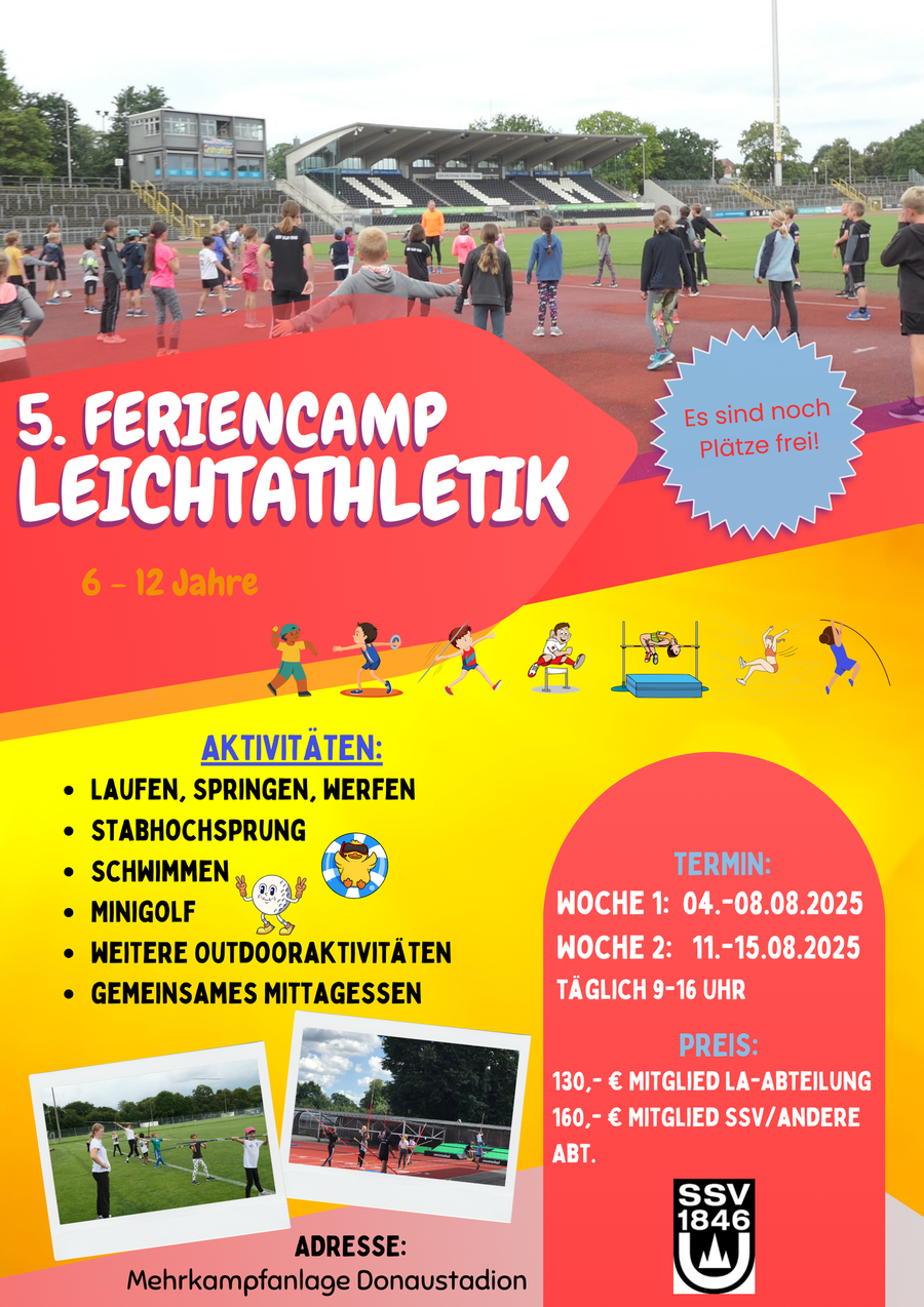 Plakat 5. Feriencamp Leichtathletik 6–12 Jahre mit Kindern im Stadion