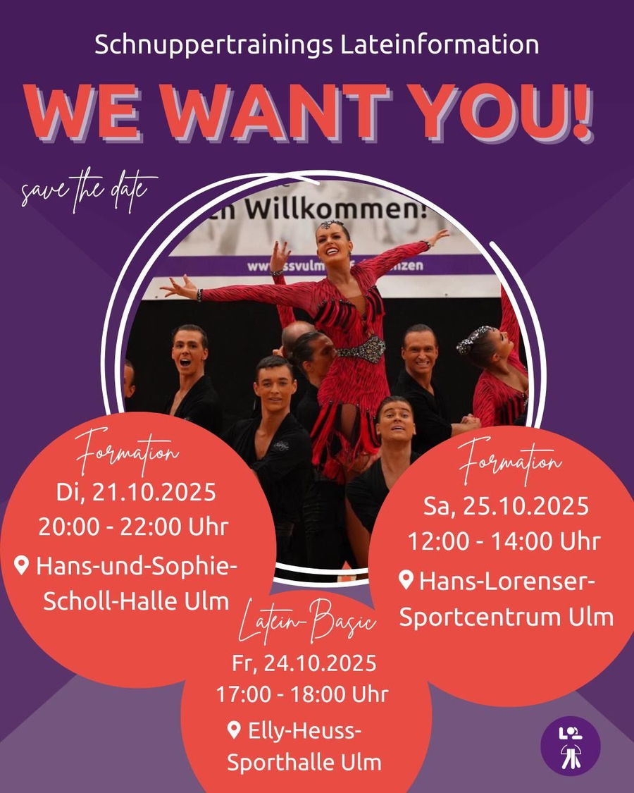 Lateinformation Tanzformation in roten Kostümen mit Schrift WE WANT YOU