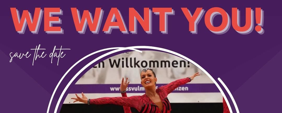 Lateinformation Tanzformation in roten Kostümen mit Schrift WE WANT YOU
