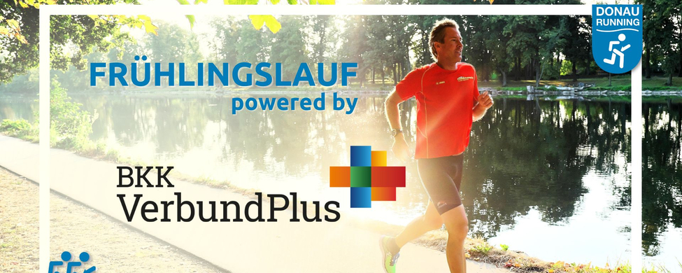 Mann joggt am Flussufer mit Schriftzug Frühlingslauf powered by BKK VerbundPlus