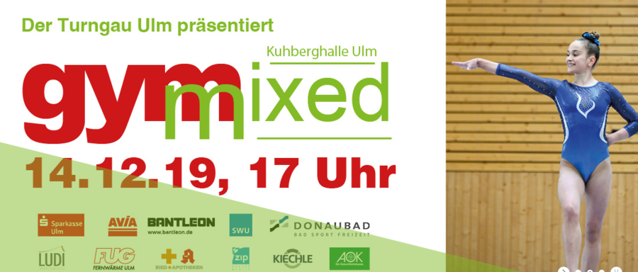 Gymixed 14.12.19, 17 Uhr poster with female gymnast in blue leotard