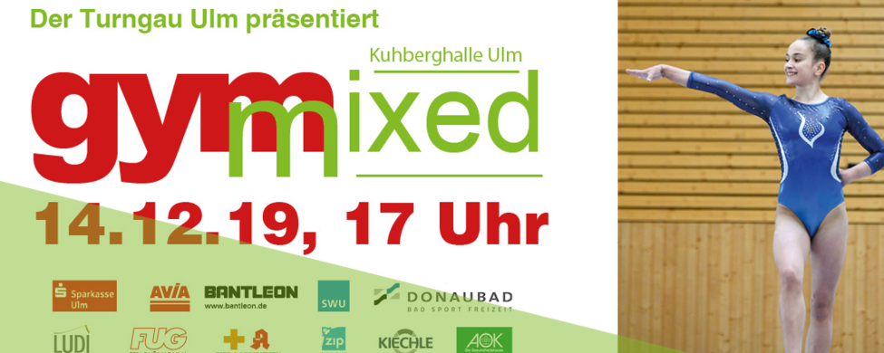 Gymixed 14.12.19, 17 Uhr poster with female gymnast in blue leotard
