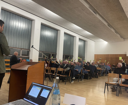 Mitglieder in Versammlung halten grüne Stimmkarten hoch