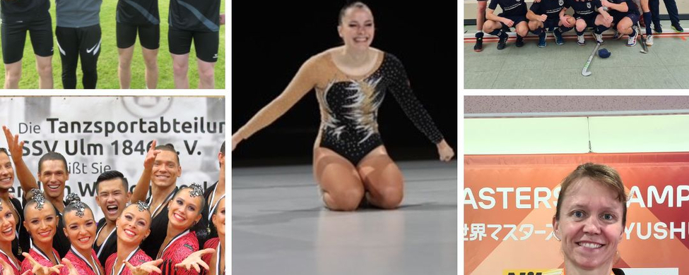 Collage mit Hockeymannschaft, Tennisdamen, Tanzgruppe, Turnerin und Medaillengewinnerin