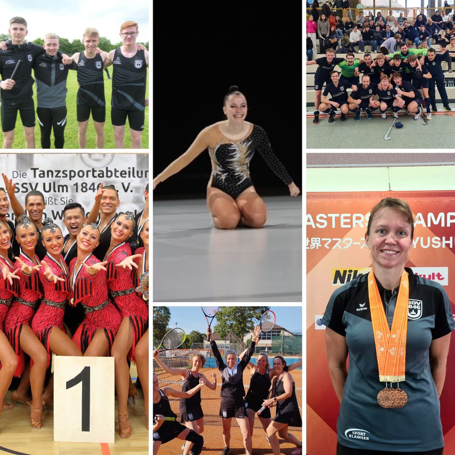 Collage mit Hockeymannschaft, Tennisdamen, Tanzgruppe, Turnerin und Medaillengewinnerin