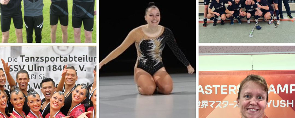 Collage mit Hockeymannschaft, Tennisdamen, Tanzgruppe, Turnerin und Medaillengewinnerin
