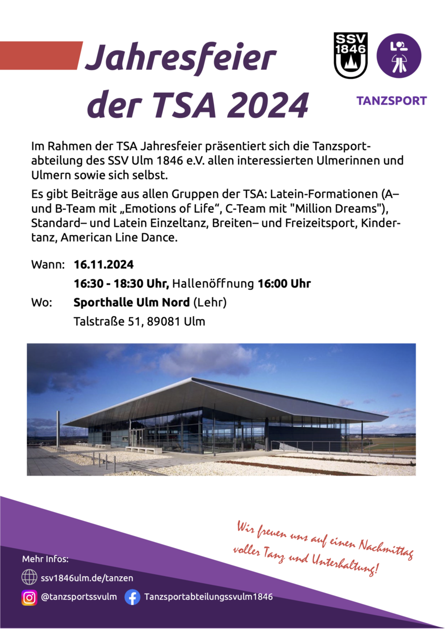 Jahresfeier der TSA 2024 Flyer mit Datum 16.11.2024 Sporthalle Ulm Nord