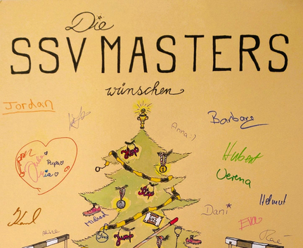 Die SSV Masters wünschen Frohe Weihnachten illustrierter Baum mit Geschenken und Unterschriften
