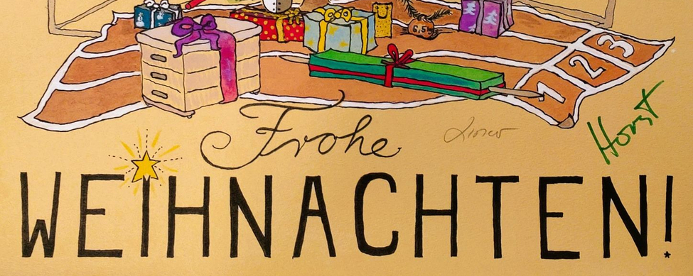 Die SSV Masters wünschen Frohe Weihnachten illustrierter Baum mit Geschenken und Unterschriften