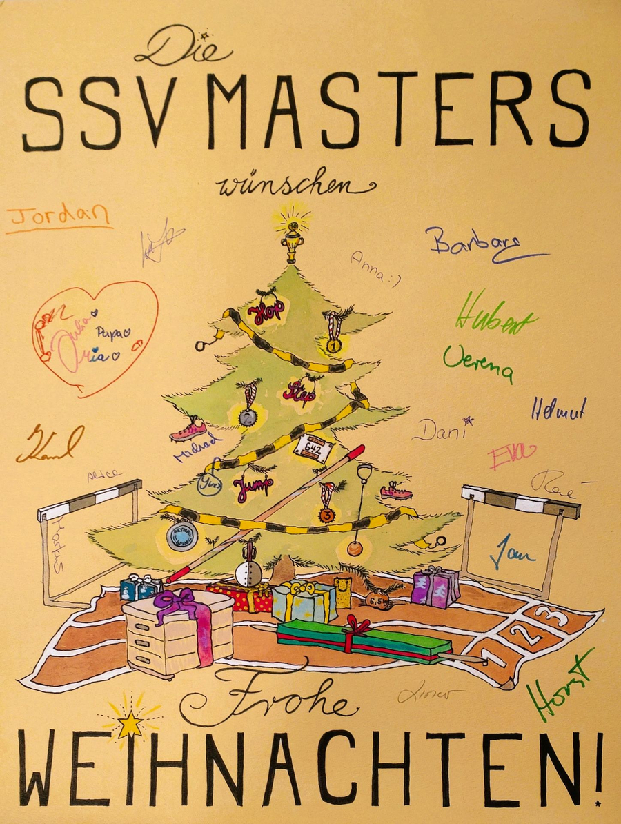 Die SSV Masters wünschen Frohe Weihnachten illustrierter Baum mit Geschenken und Unterschriften