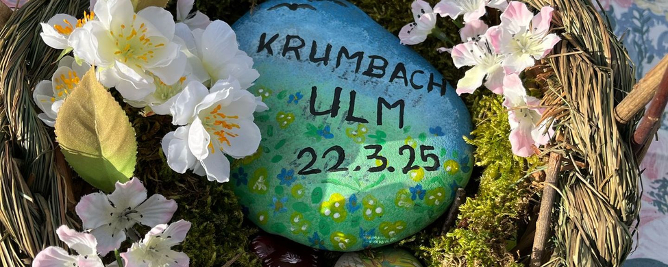 Bemalter Stein mit Text KRUMBACH ULM 22.3.25 in Moosnest mit Blumen