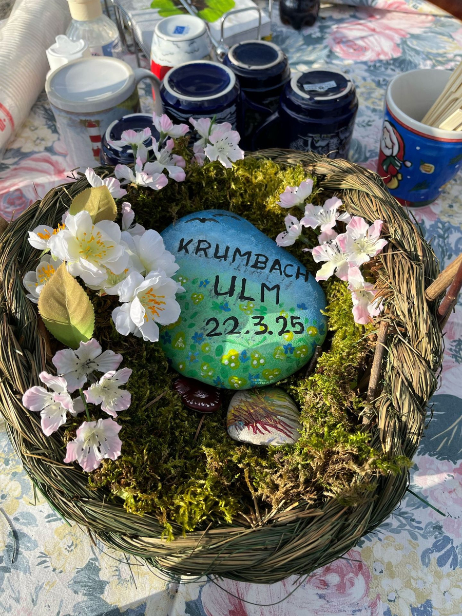 Bemalter Stein mit Text KRUMBACH ULM 22.3.25 in Moosnest mit Blumen