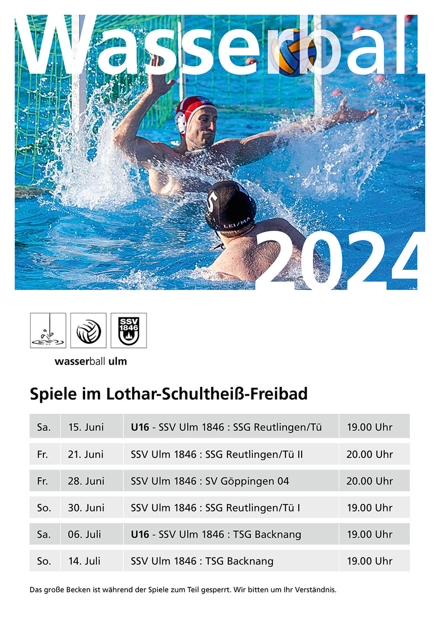 Wasserball 2024 Plakat mit Spieler vor Tor und Spielplan