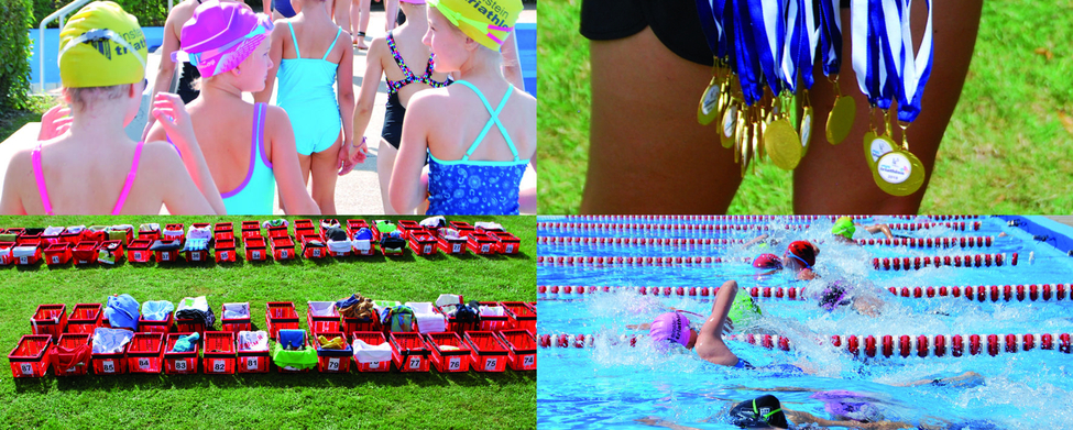 Collage mit Kindern in Badekappen, Medaillen, Wechselkisten und Schwimmern