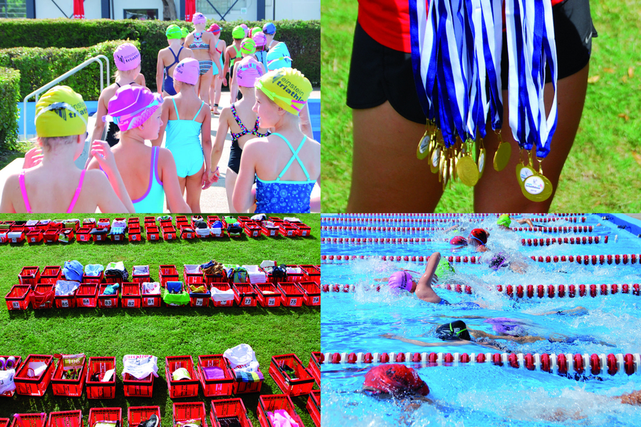 Collage mit Kindern in Badekappen, Medaillen, Wechselkisten und Schwimmern