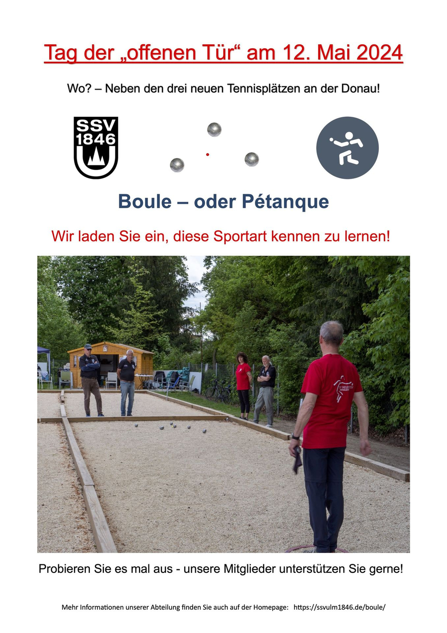 Boule-Spieler vor Schrift Tag der „offenen Tür“ am 12. Mai 2024