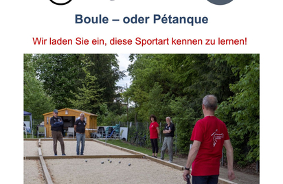 Boule-Spieler vor Schrift Tag der „offenen Tür“ am 12. Mai 2024