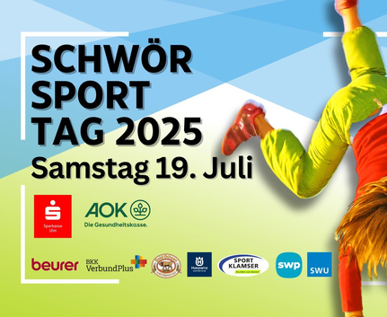 Kind macht Handstand neben Schrift SCHWÖR SPORTTAG 2025 Samstag 19. Juli