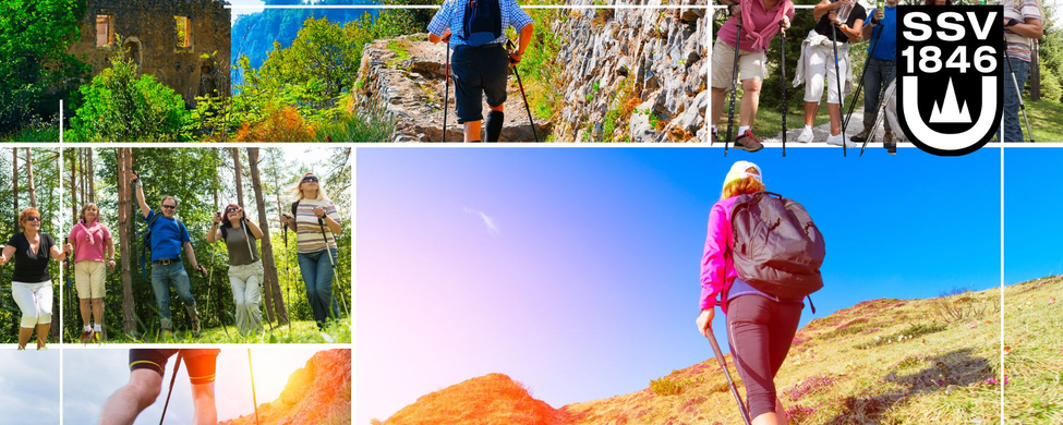 Nordic-Walking Gruppe auf Wanderwegen mit SSV 1846 Logo