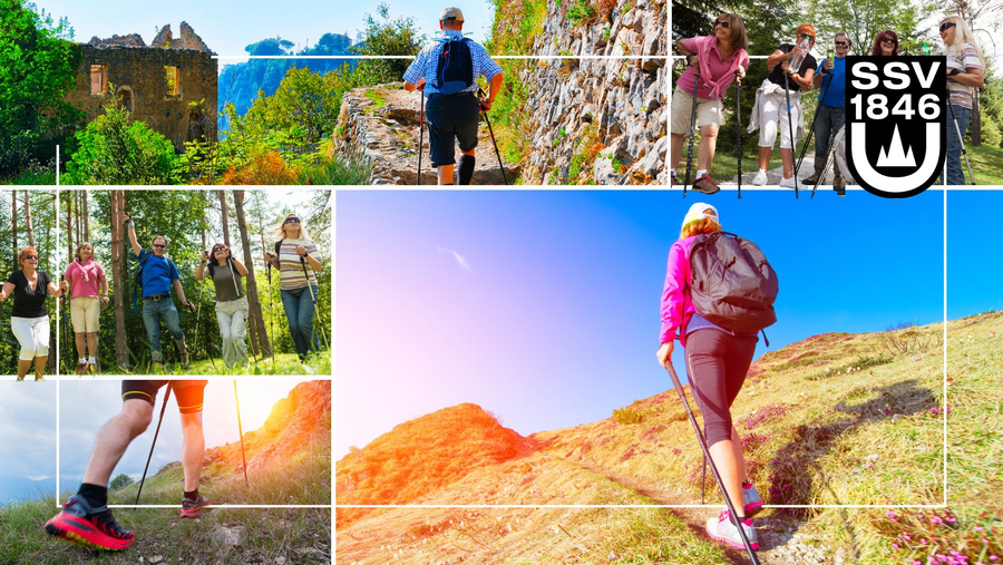 Nordic-Walking Gruppe auf Wanderwegen mit SSV 1846 Logo