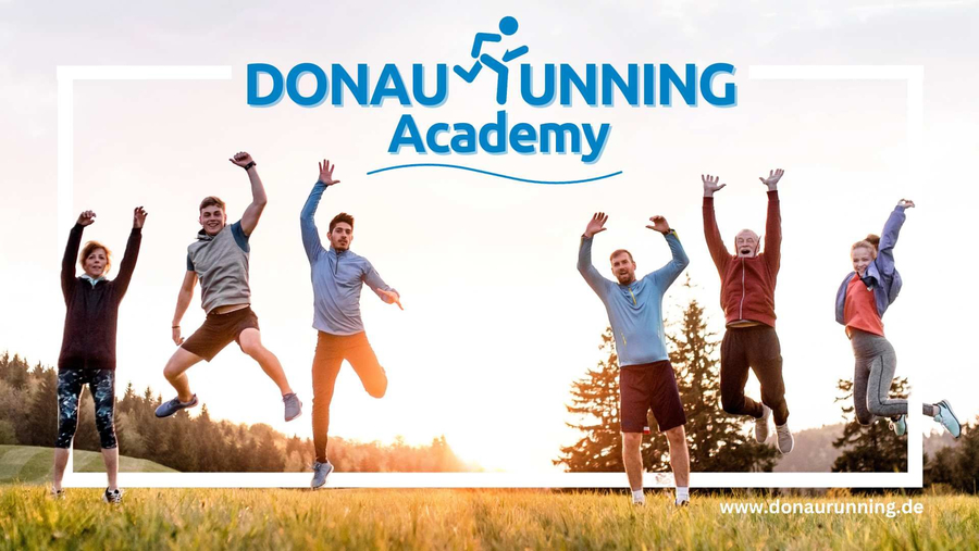 DONAURUNNING Academy Schriftzug über sechs springenden Personen