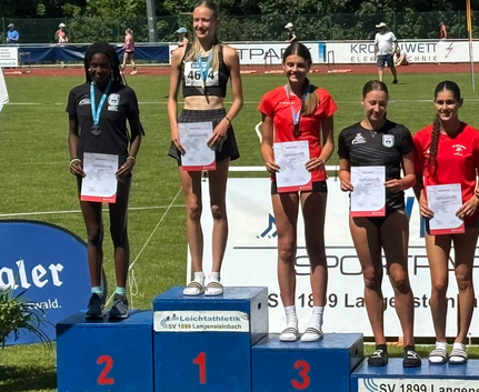 Marie Keßler und Helena Baßmann Jugendliche Leichtathletinnen auf Podest bei Siegerehrung mit Urkunden