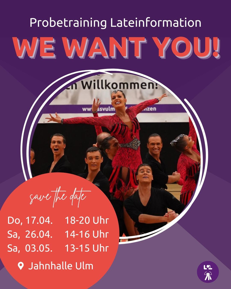 WE WANT YOU Überschrift Latein-Formationstänzer in roten Kostümen