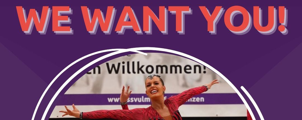 WE WANT YOU Überschrift Latein-Formationstänzer in roten Kostümen