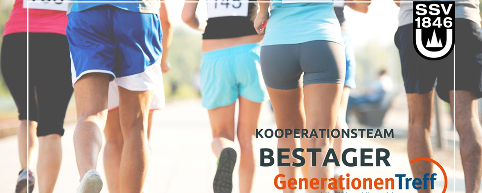 Läuferinnen und Läufer von hinten mit Text KOOPERATIONSTEAM BESTAGER GenerationenTreff Ulm/Neu-Ulm e.V.
