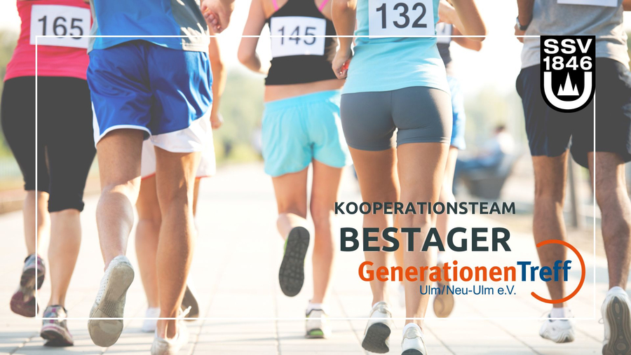 Läuferinnen und Läufer von hinten mit Text KOOPERATIONSTEAM BESTAGER GenerationenTreff Ulm/Neu-Ulm e.V.