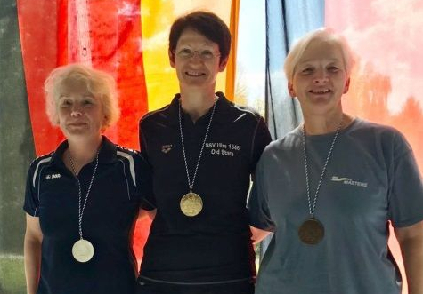 Drei Frauen in Sportkleidung auf Podest mit Medaillen