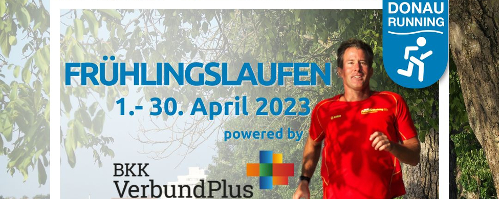 Mann joggt an einem Flussufer, Text FRÜHLINGSLAUFEN 1.‑30. April 2023