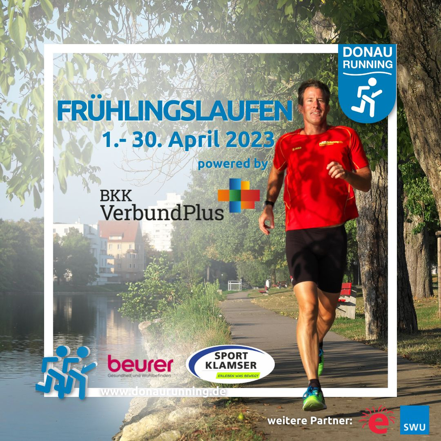 Mann joggt an einem Flussufer, Text FRÜHLINGSLAUFEN 1.‑30. April 2023
