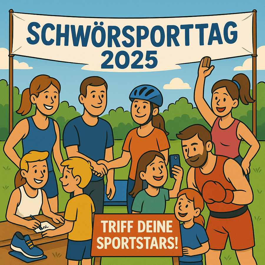 Schwörsporttag 2025 Banner über Sportlerinnen und Sportler mit Kindern Triff deine Sportstars