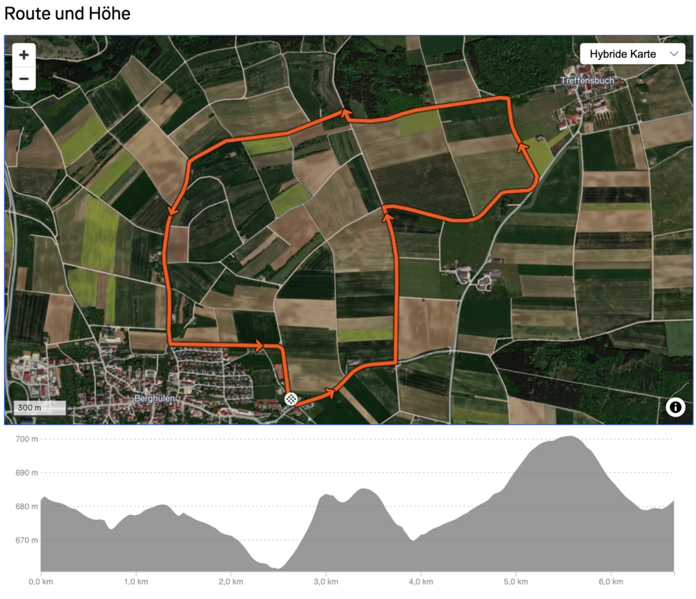 Route und Höhe Satellitenkarte mit orangefarbener Rundroute und Höhenprofil