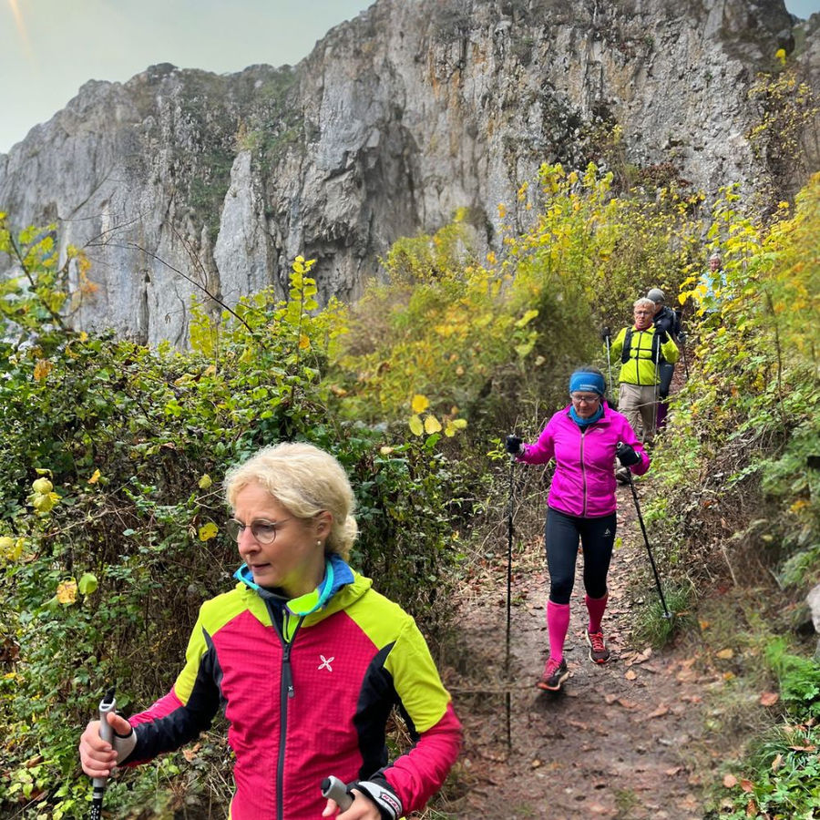 Teilnehmende eines Nordic-Walking-Workshops auf schmalem Pfad vor Felswand