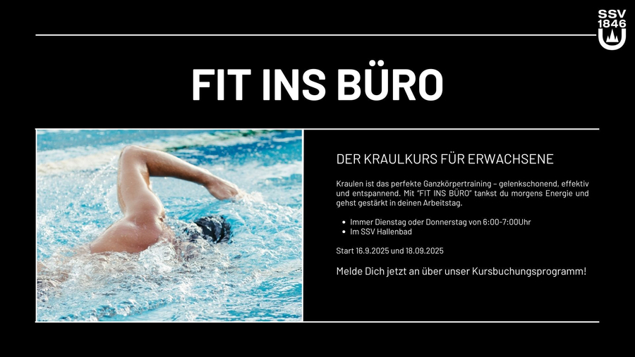 Schwimmer beim Kraulen im Becken neben Text Fit ins Büro