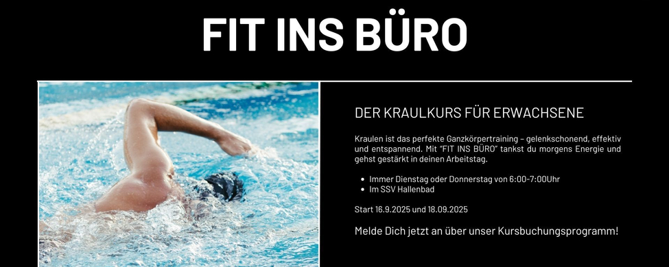 Schwimmer beim Kraulen im Becken neben Text Fit ins Büro