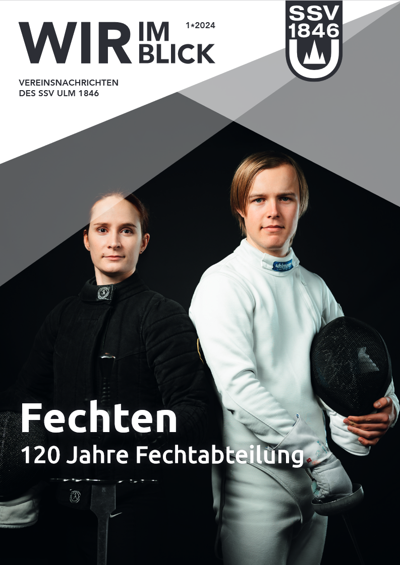 Zwei Fechter in Schutzkleidung mit Schrift Fechten 120 Jahre Fechtabteilung