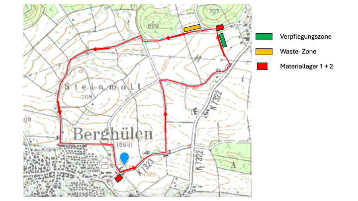 Topografische Karte mit Rundstrecke, Startpin, Verpflegungszone, Waste-Zone, Materiallager 1 + 2